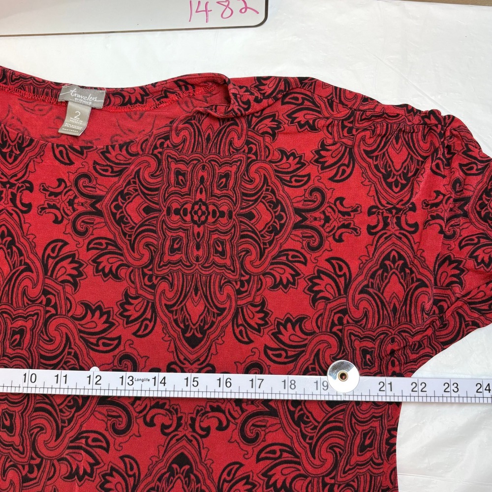 Travelers by Chicos Red Black Damask Print 3/4 Sleeve Blouse Top Size 2 L XL - Picture 7 of 9